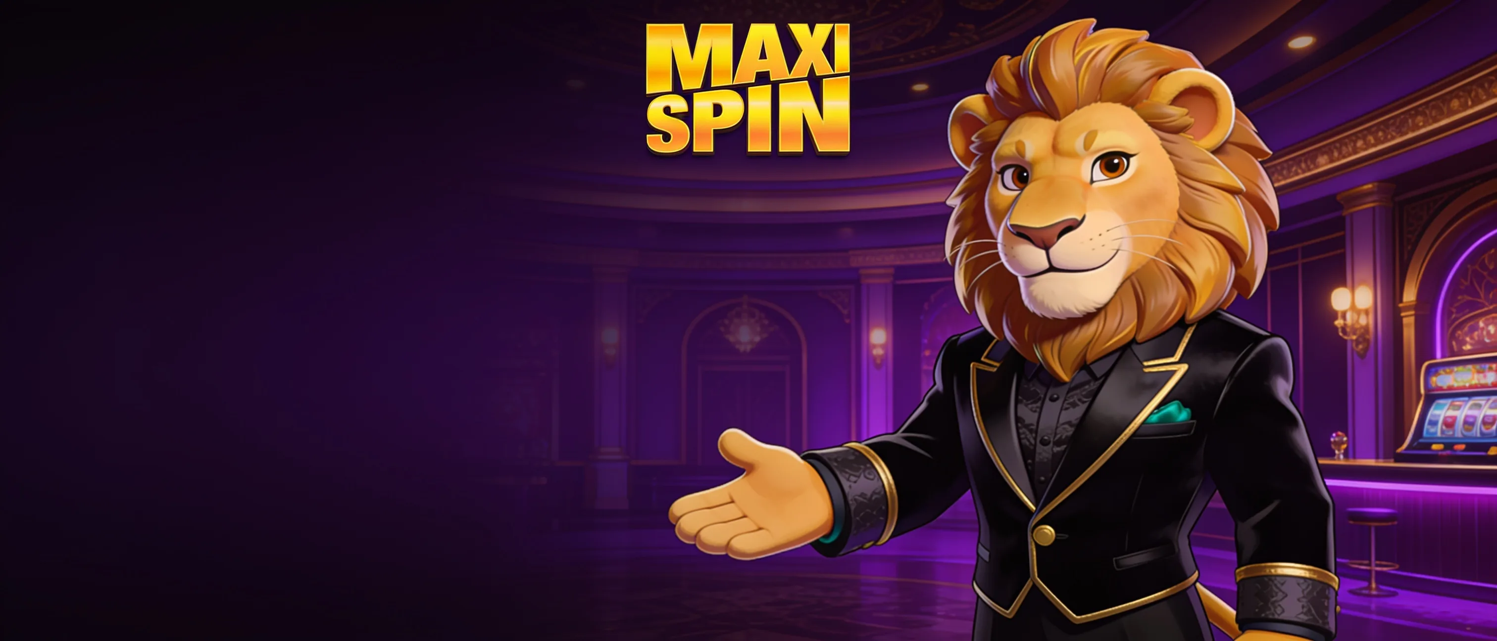 MaxiSpin Casino lion host welcoming players inside a purple casino hall
